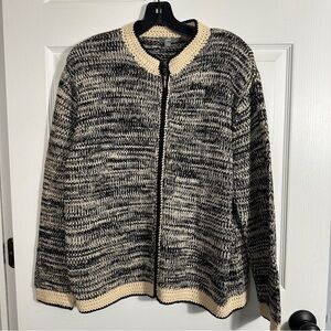 J. Jill cotton knit zip front cardigan, black and cream, size L, layer, fall